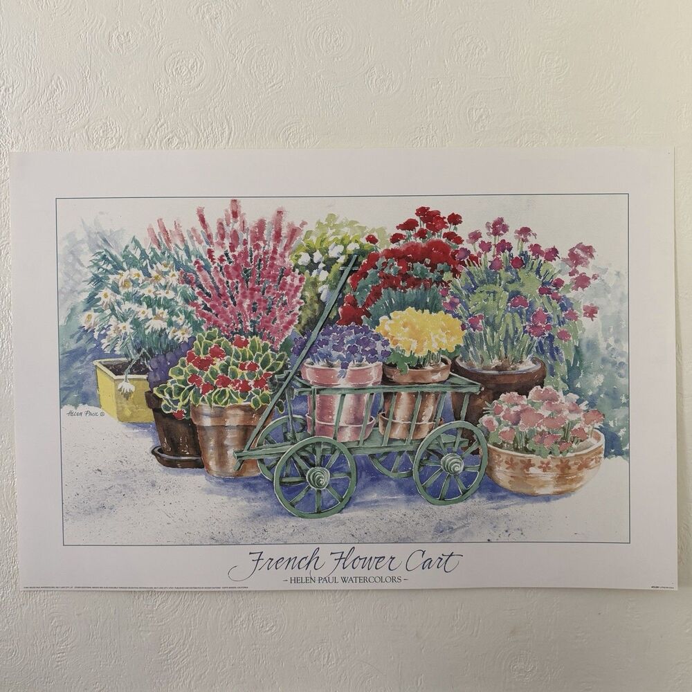 Helen Paul French Flower Cart Art Print Poster 1990 24x36” Offset Litho
